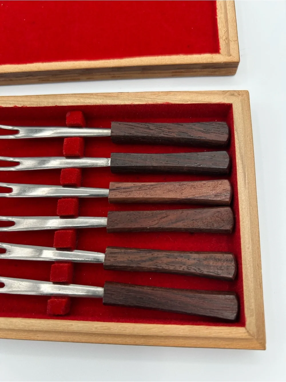 Vintage MCM Cocktail Appetizer Fork Set 6 Wood Handle Stainless Japan Wood Box